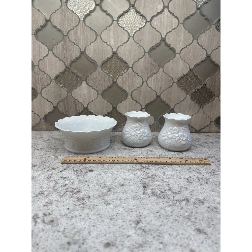 Vintage AK Kaiser Porcelain White‎ Bisque Floral Set 2 Candle Holders Plus Dish